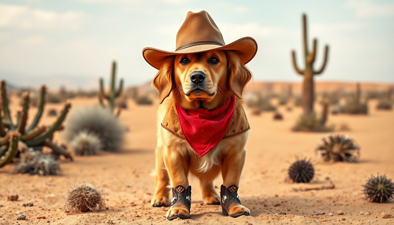 An AI rendition of a dog wearing a cowboy outfit in the American west. The dog golden in color has a cowboy hat and bandana with cowboy boots on it's front feet.