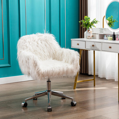 Chic White Faux Fur Adjustable Office Chair for Girls and Makeup Stations