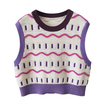 Charming Retro Bliss: Playful Striped Knitted Sleeveless Wonder for Women