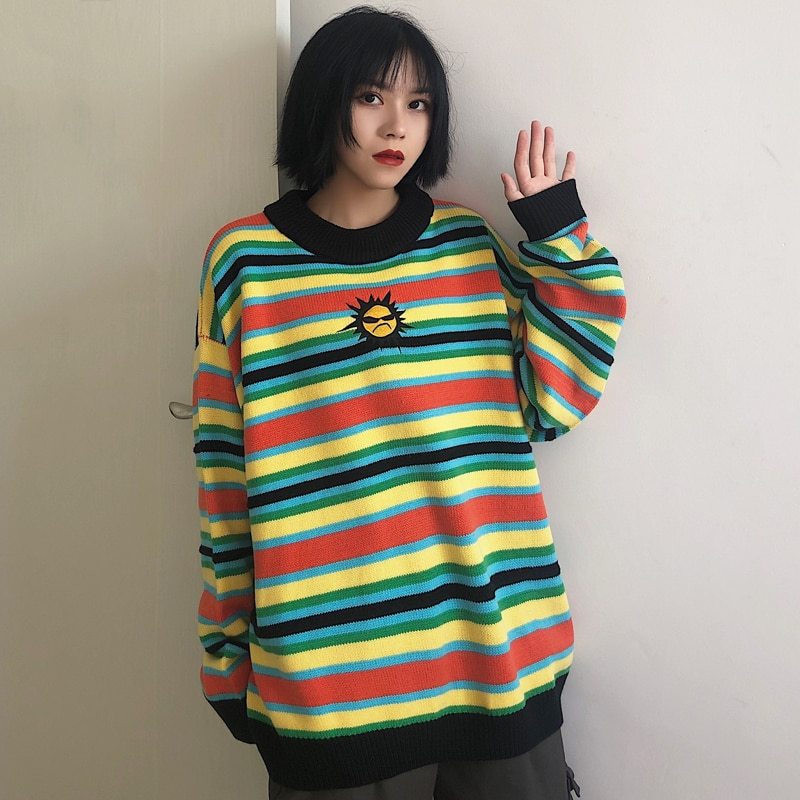 Whimsical Windy Rainbow Cozy Turtle Neck Sweater: A Playful Embrace of Color and Comfort!