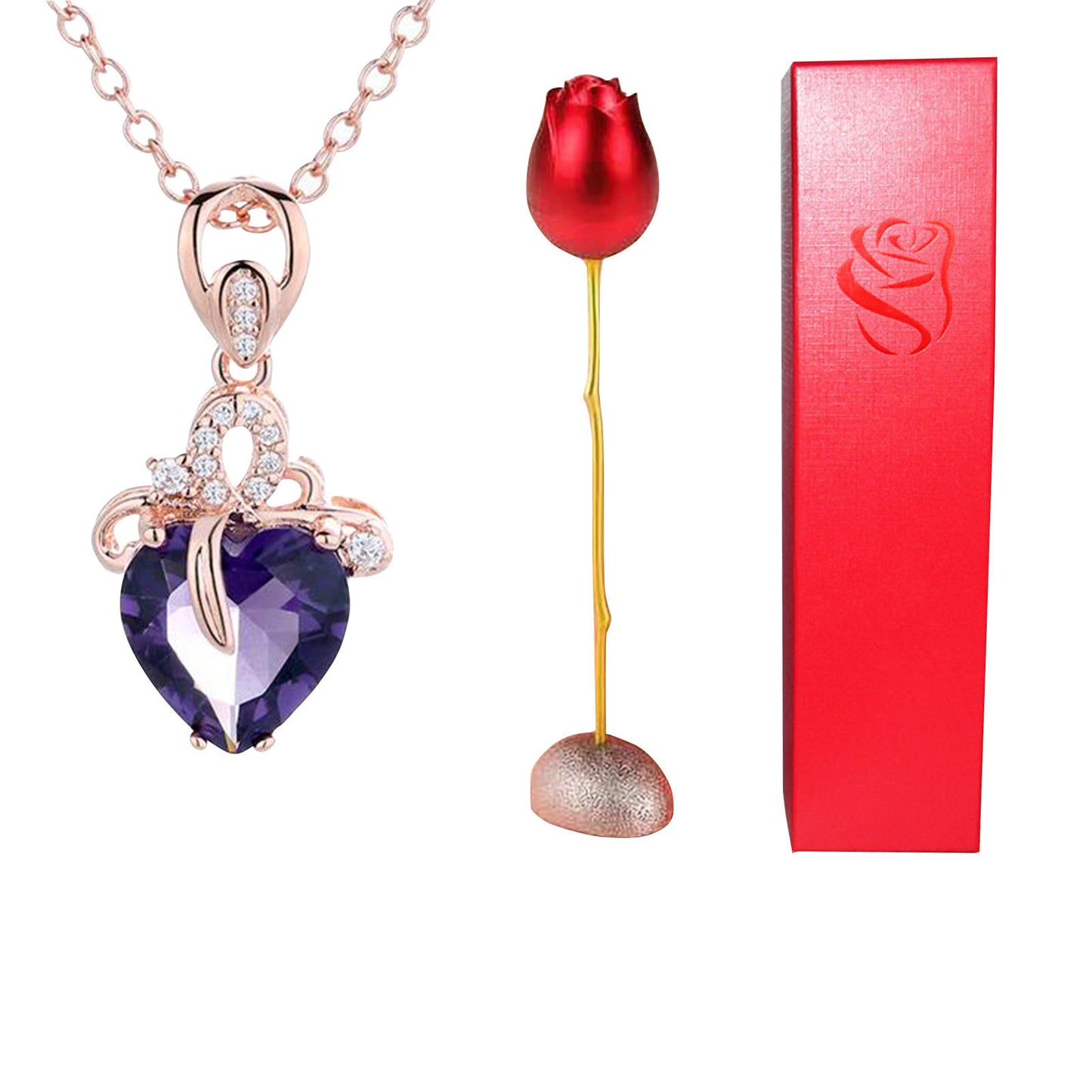 Enchanting Heart-Shaped Blue and Purple Crystal Rose Pendant Necklace - A Whimsical Love Token for Valentine's Day!