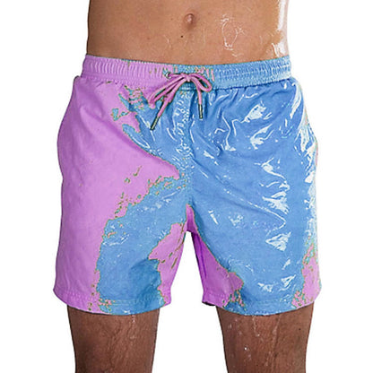 Color-Changing Summer Beach Shorts for Men - Quick Dry Swim Trunks with Drawstring