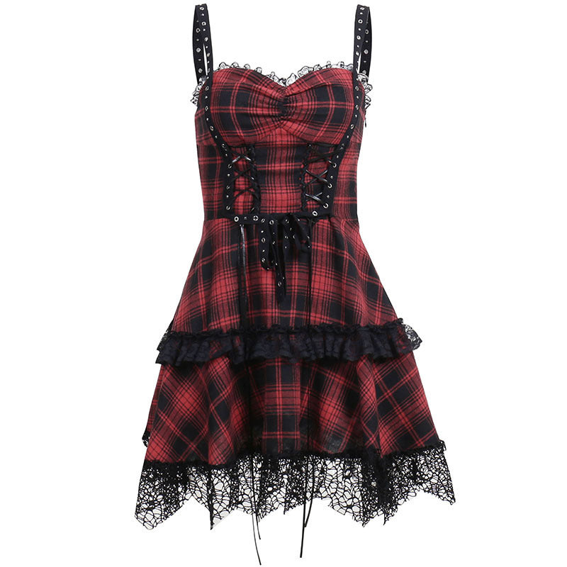 Gothic Red Plaid Suspender Mini Dress with High Waist Design