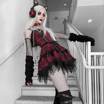 Gothic Red Plaid Suspender Mini Dress with High Waist Design