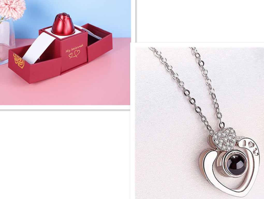 Elegant Metal Rose Jewelry Gift Box with Crystal Necklace for Valentine's Day and Weddings