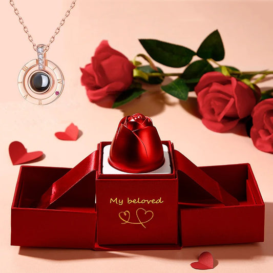 Elegant Metal Rose Jewelry Gift Box with Crystal Necklace for Valentine's Day and Weddings