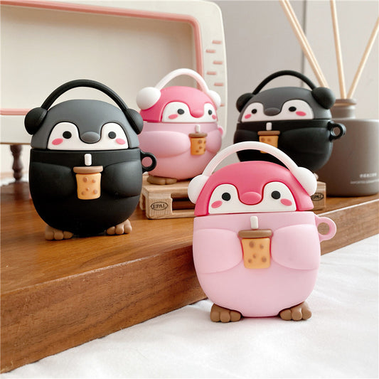 Whimsical Penguin Tea Party Bluetooth Earbuds with Playful Clamshell Case