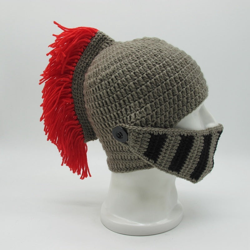 Whimsical Knightly Delight: Hand-Knitted Helmet Hat for Quirky Fun!