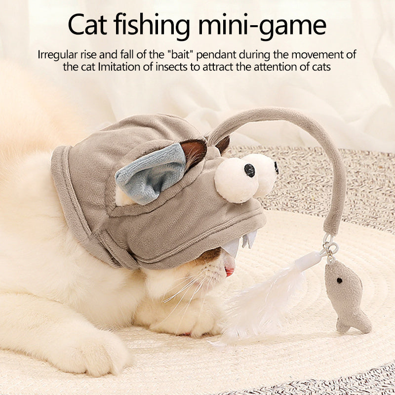 Dino-Powered Feather Cat Teaser Stick with Big Eye Fish - Hands-Free Play for Active Felines