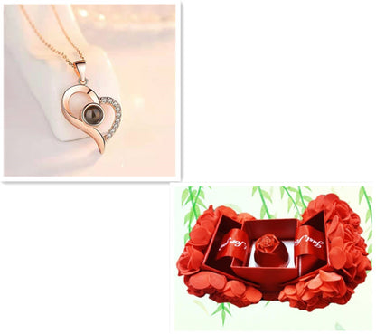 Elegant Metal Rose Jewelry Gift Box with Crystal Necklace for Valentine's Day and Weddings