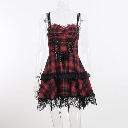 Gothic Red Plaid Suspender Mini Dress with High Waist Design