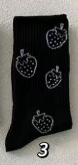 Charming Black Strawberry Mid-Calf Socks with Playful Japanese Butterfly Whirl