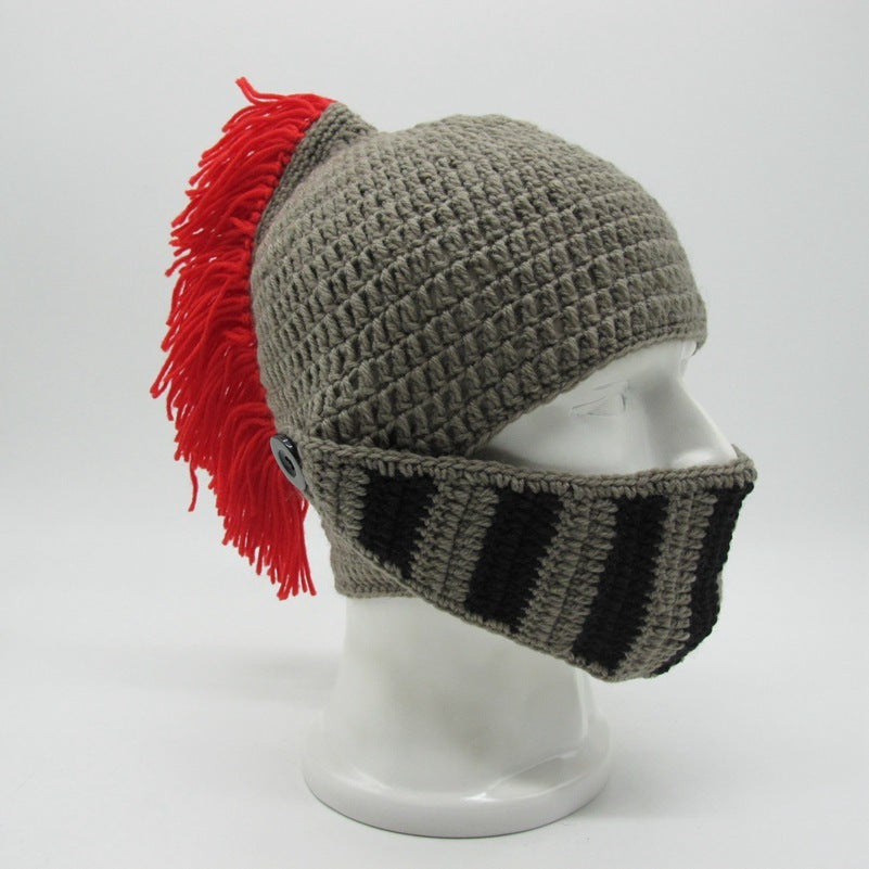 Whimsical Knightly Delight: Hand-Knitted Helmet Hat for Quirky Fun!