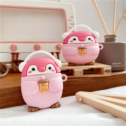 Whimsical Penguin Tea Party Bluetooth Earbuds with Playful Clamshell Case