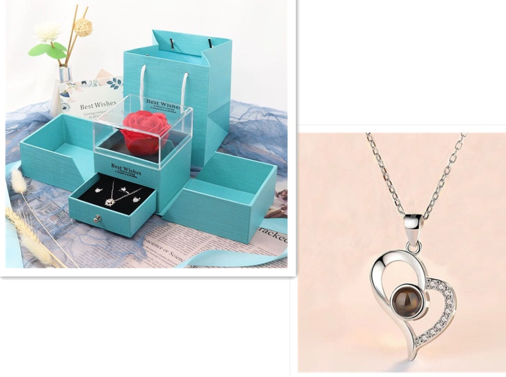 Elegant Metal Rose Jewelry Gift Box with Crystal Necklace for Valentine's Day and Weddings