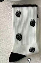 Charming Black Strawberry Mid-Calf Socks with Playful Japanese Butterfly Whirl