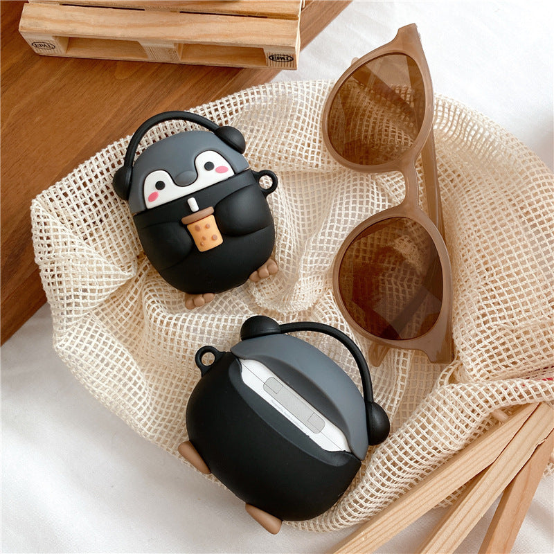 Whimsical Penguin Tea Party Bluetooth Earbuds with Playful Clamshell Case