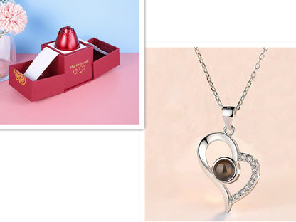 Elegant Metal Rose Jewelry Gift Box with Crystal Necklace for Valentine's Day and Weddings