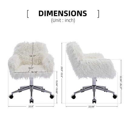 Chic White Faux Fur Adjustable Office Chair for Girls and Makeup Stations