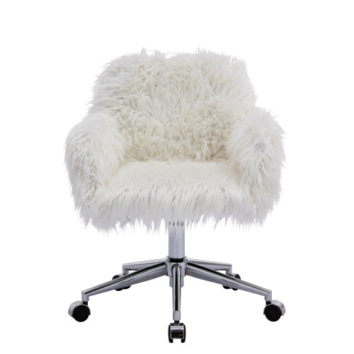 Chic White Faux Fur Adjustable Office Chair for Girls and Makeup Stations