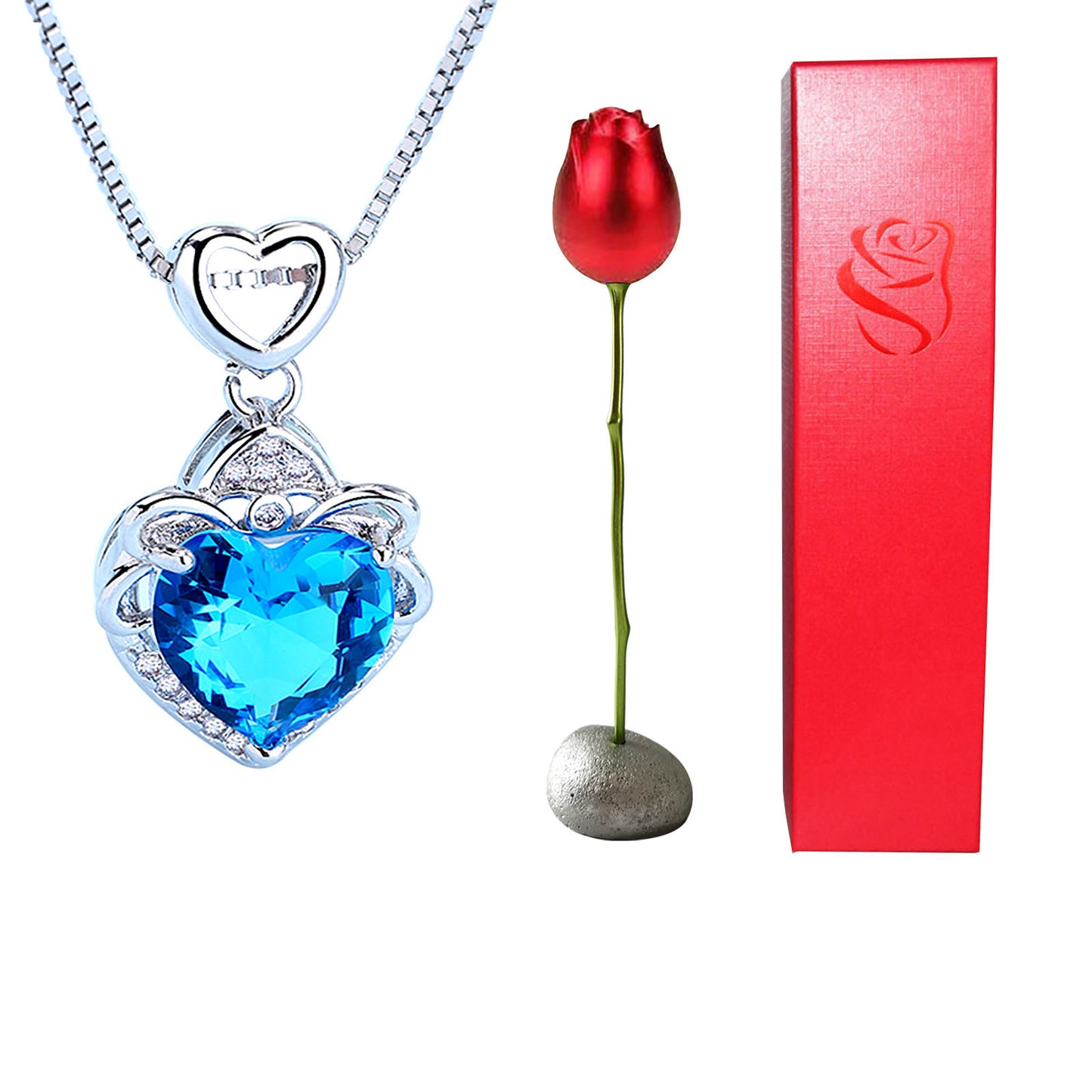 Enchanting Heart-Shaped Blue and Purple Crystal Rose Pendant Necklace - A Whimsical Love Token for Valentine's Day!