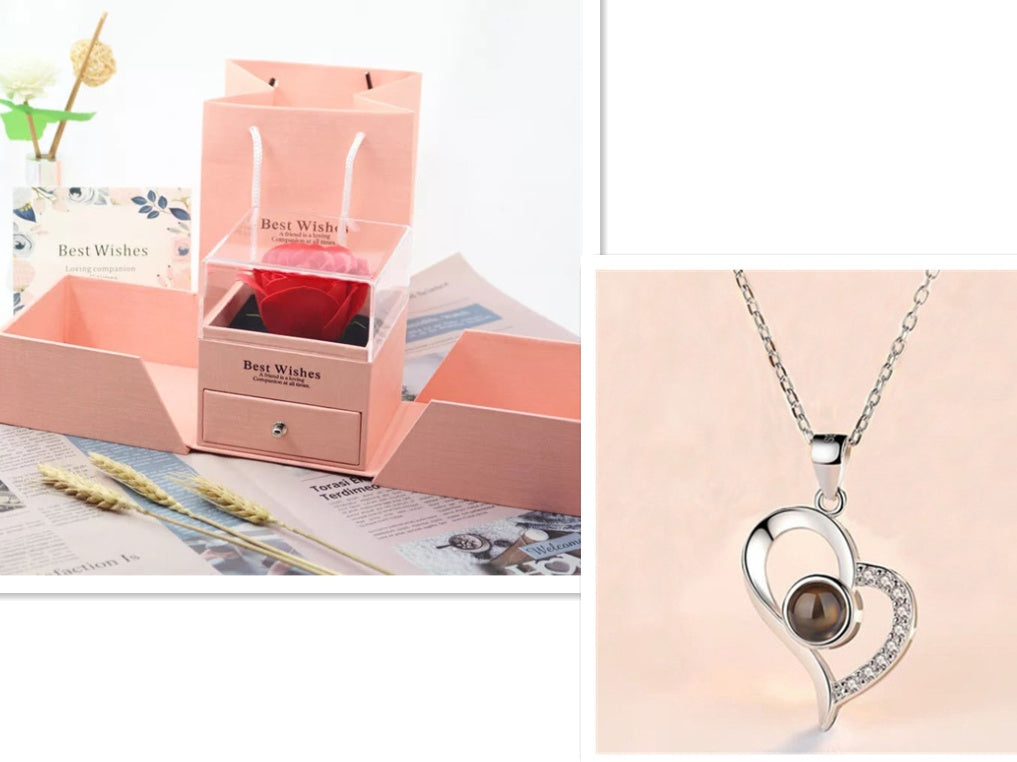 Elegant Metal Rose Jewelry Gift Box with Crystal Necklace for Valentine's Day and Weddings