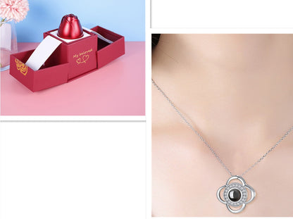 Elegant Metal Rose Jewelry Gift Box with Crystal Necklace for Valentine's Day and Weddings