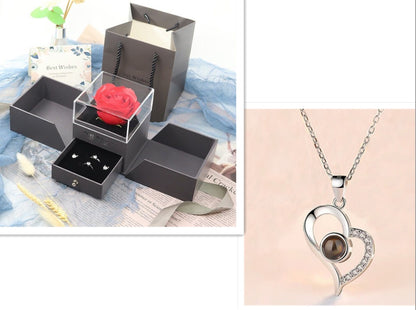 Elegant Metal Rose Jewelry Gift Box with Crystal Necklace for Valentine's Day and Weddings