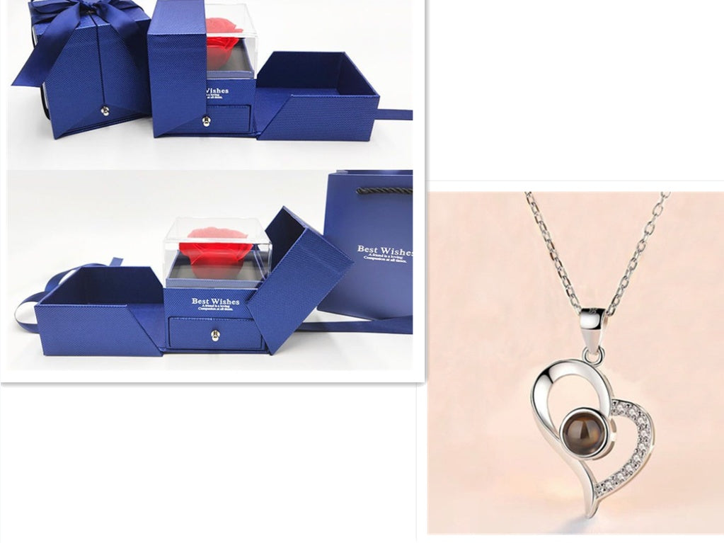 Elegant Metal Rose Jewelry Gift Box with Crystal Necklace for Valentine's Day and Weddings