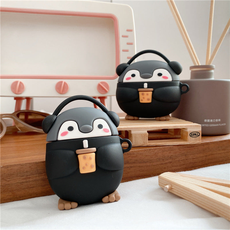 Whimsical Penguin Tea Party Bluetooth Earbuds with Playful Clamshell Case