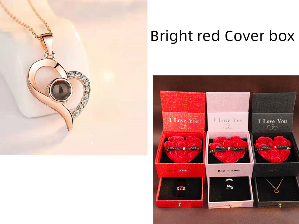 Elegant Metal Rose Jewelry Gift Box with Crystal Necklace for Valentine's Day and Weddings